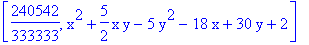 [240542/333333, x^2+5/2*x*y-5*y^2-18*x+30*y+2]